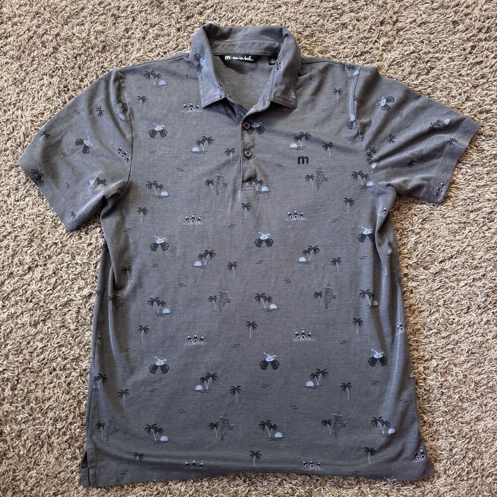 Travis Mathew Palm Trees Beer Polo Shirt Mens Medium Gray All Over Print Golf